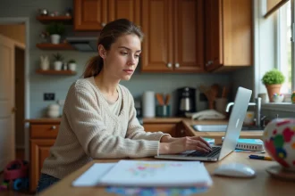 Femme en jeans et pull doux travaillant sur un ordinateur dans la cuisine
