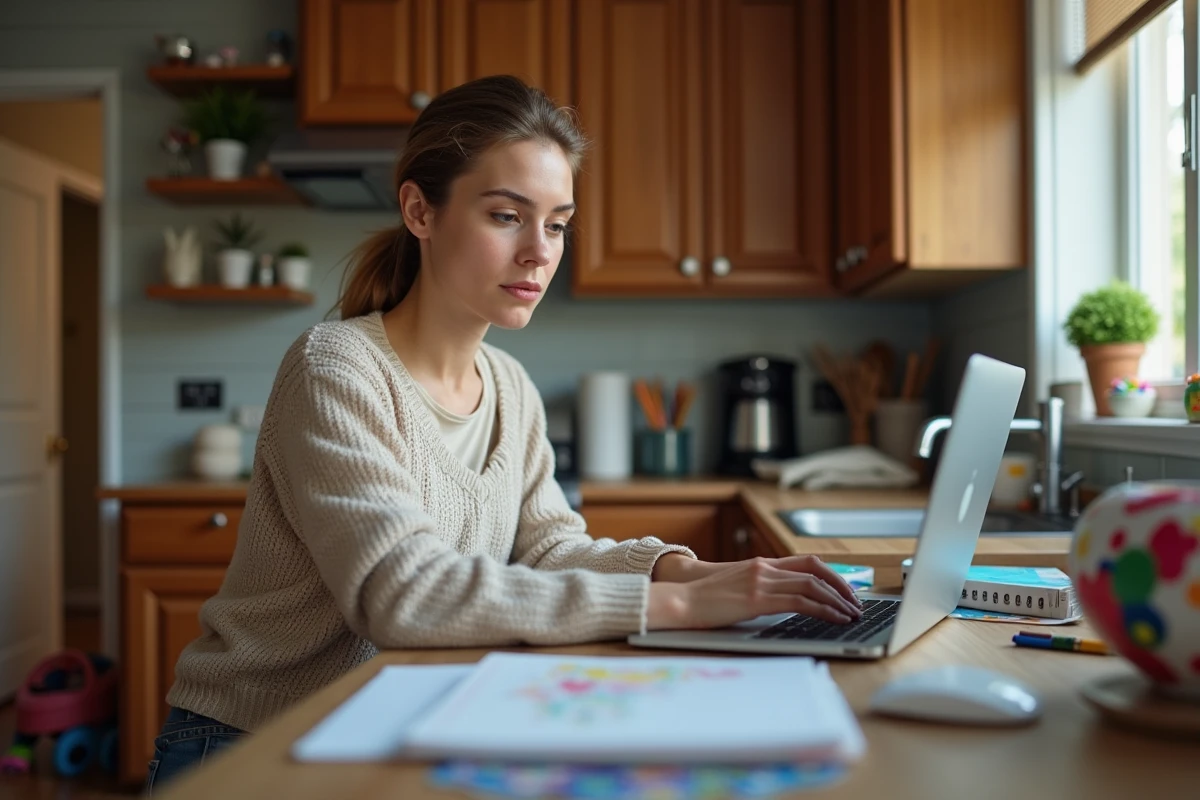 Femme en jeans et pull doux travaillant sur un ordinateur dans la cuisine