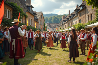 Groupe de personnes en costume traditionnel français lors d'une fête de village en plein air