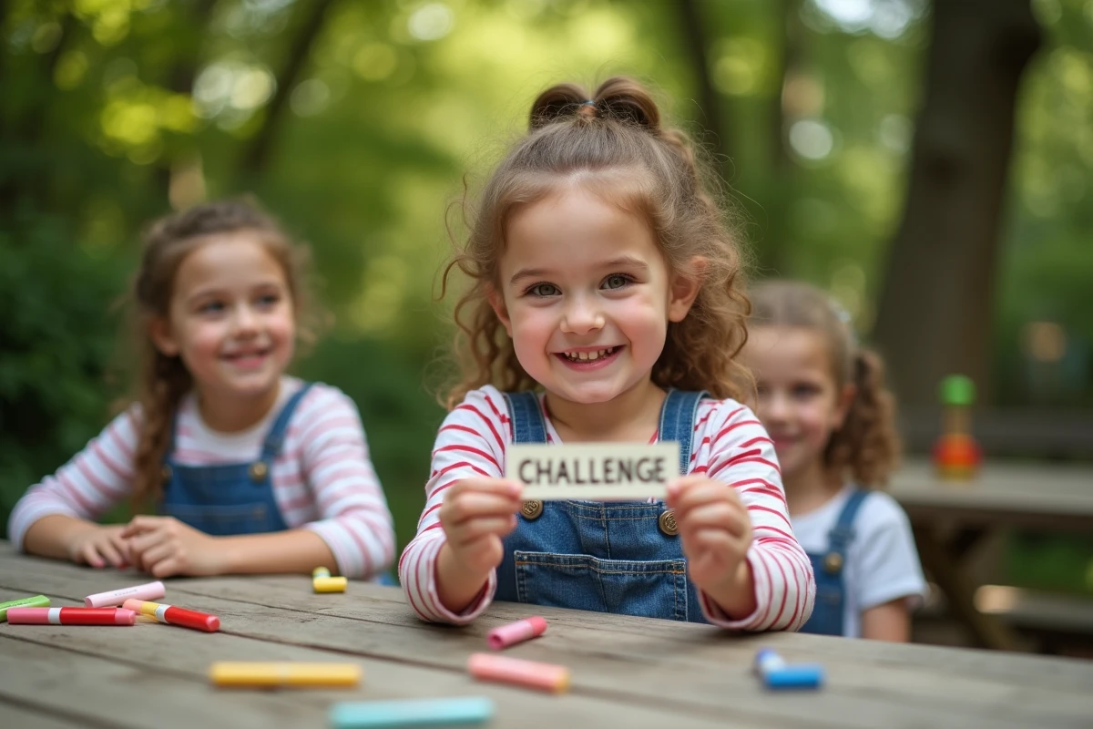 Fille avec carte défi à la table de pique-nique dans un jardin verdoyant
