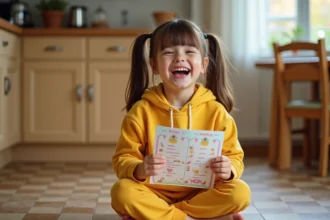Petite fille riant en lisant une feuille de devinettes imprimées sur le sol de la cuisine un mercredi