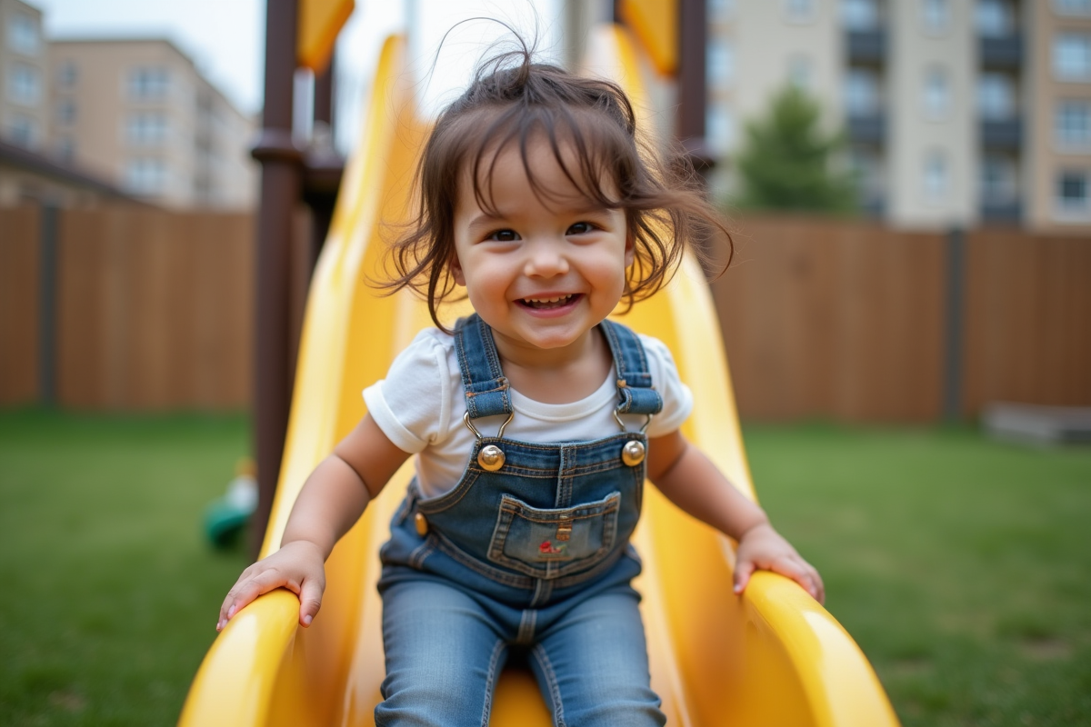Fille de deux ans escaladant un toboggan dans un parc urbain