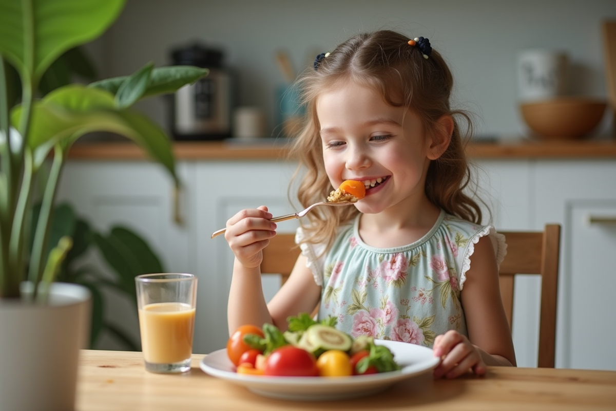 Jeune fille en robe pastel mangeant des légumes