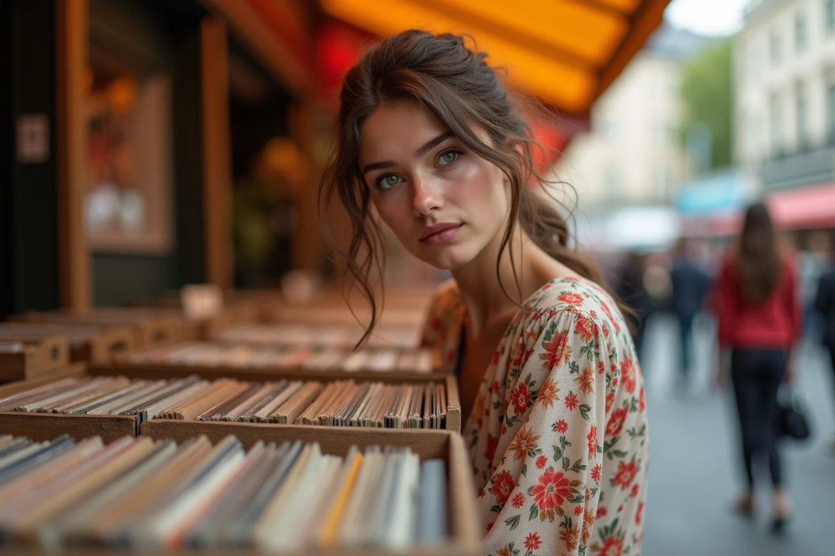 Jeune femme aux traits distinctifs feuilletant des vinyles dans un marché aux puces parisien, ressemblance artistique familiale