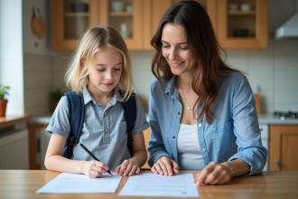 Jeune fille et mère examinant documents d'assurance scolaire