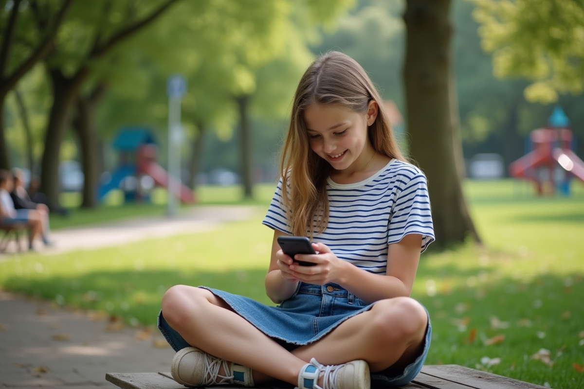 Fille de 13 ans assise sur un banc dans un parc avec smartphone