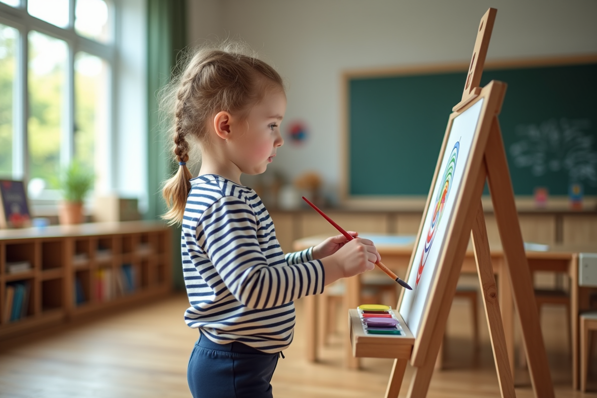 Jeune fille en classe peignant avec un pinceau à l