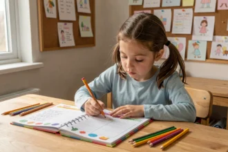 Jeune fille écrivant dans un planning enfant coloré avec des crayons et des stickers sur un bureau en bois dans une chambre cosy