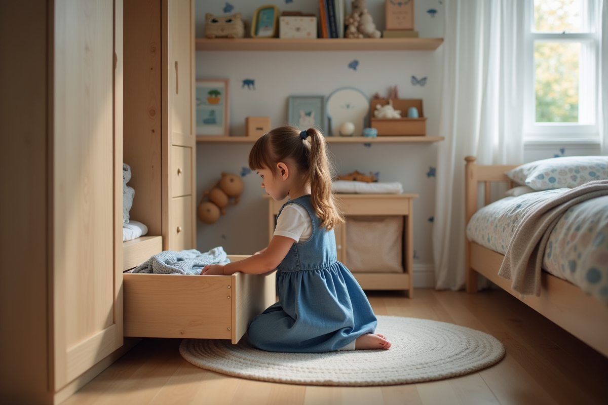 Fille de 6 ans plie des vêtements dans sa chambre