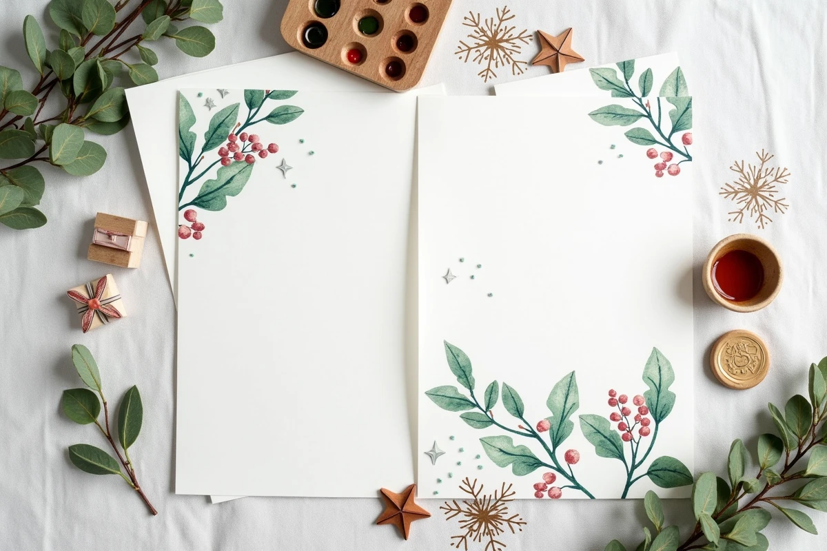 Flat lay de cartes de Noël aquarelle artisanales avec tampons vintage et palette de peinture sur fond lin blanc