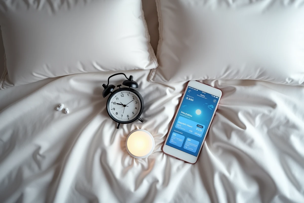 Vue flatlay des gadgets de sommeil connectés incluant réveil, veilleuse et application mobile de suivi du sommeil