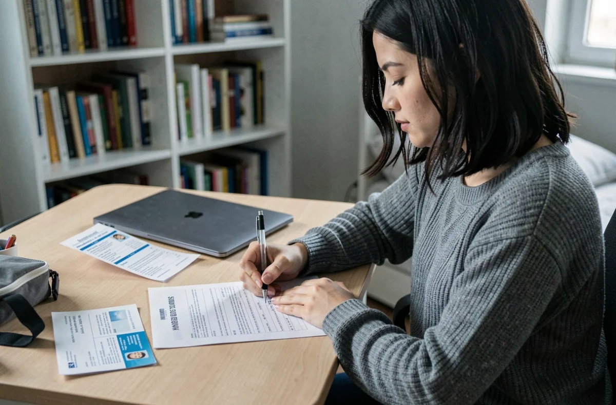 Jeune femme adulte remplissant un formulaire de carte d'identité avec un justificatif de domicile parental sur son bureau à la maison
