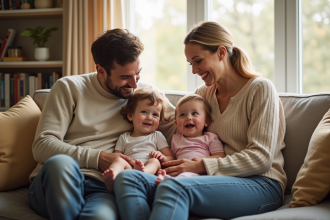 Deux jeunes enfants et leurs parents dans un salon chaleureux