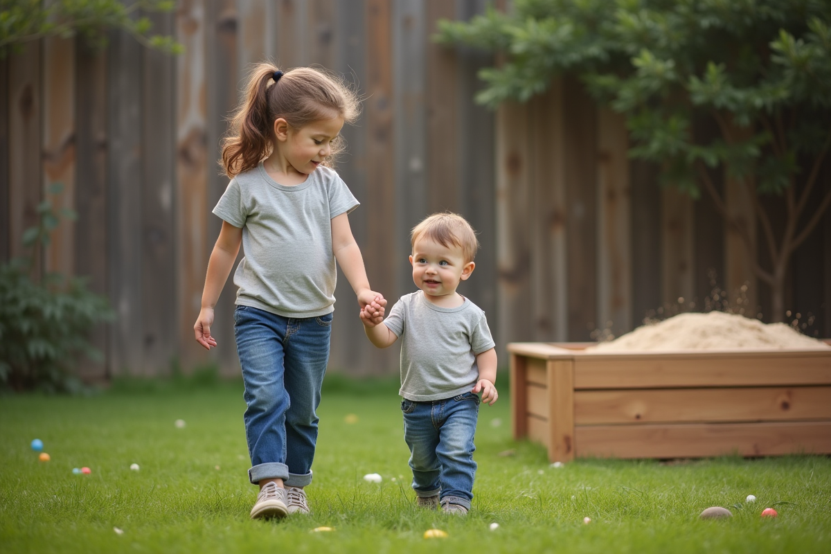Soeur et frère jouant dans le jardin en famille