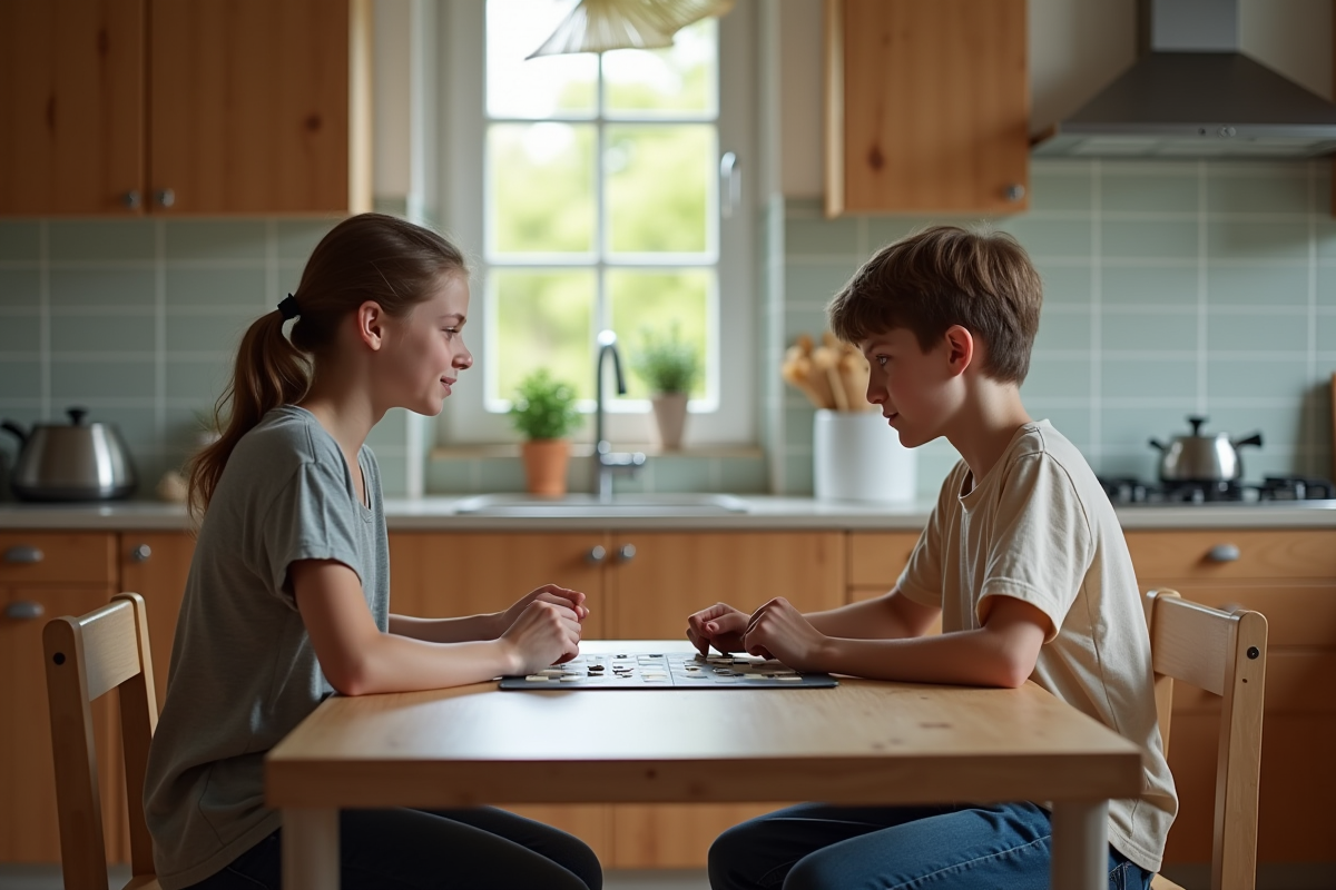 Adolescent frère et sœur jouant à un jeu de société à la cuisine