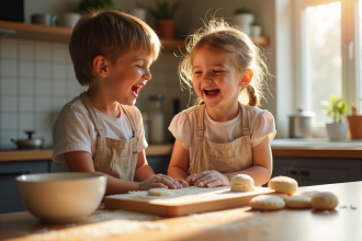 Frère et sœur riant en cuisinant des cookies dans la cuisine