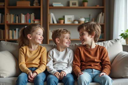 Trois freres souriants assis sur un canapé à la maison