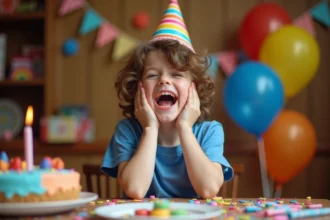Garçon de 8 ans qui éclate de rire devant son gâteau d'anniversaire décoré avec des bougies et des confettis