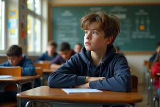 Garçon de 13 ans pensif dans une classe