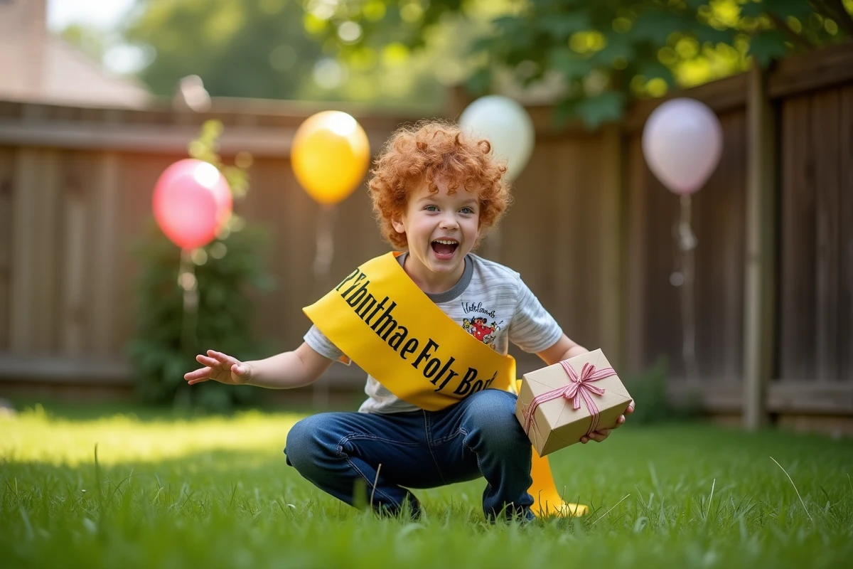Petit garçon de 8 ans faisant une grimace comique dans un jardin décoré pour son anniversaire