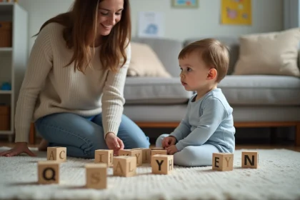 Bébé de 17 mois assis avec blocs en famille
