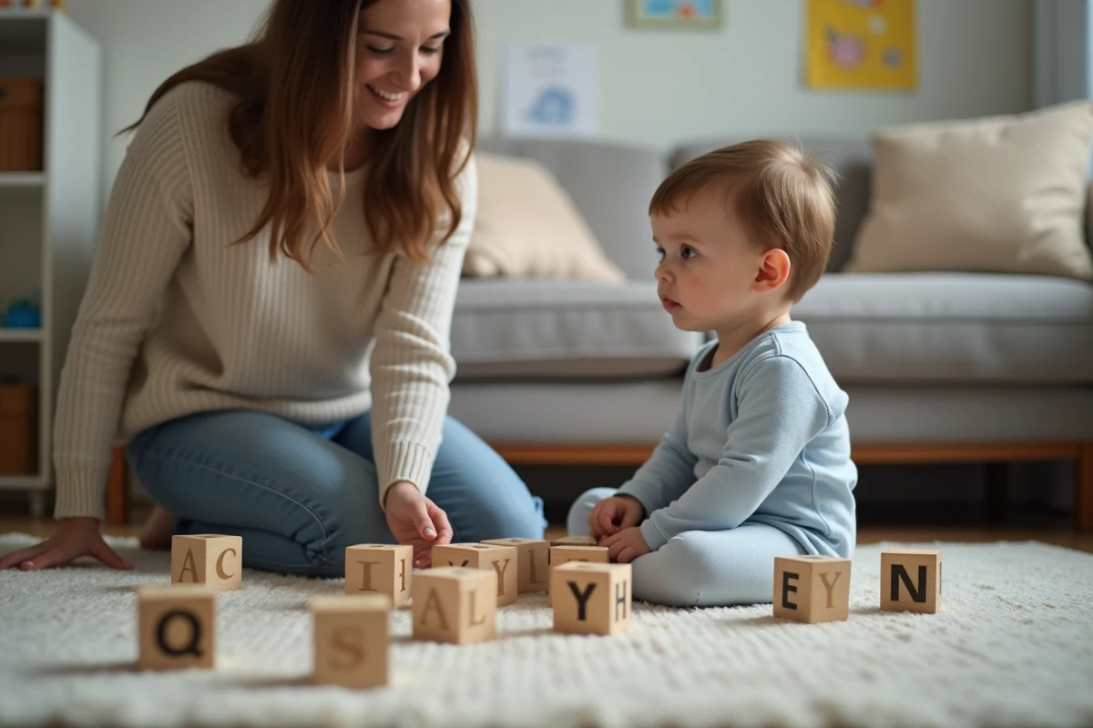 Bébé de 17 mois assis avec blocs en famille