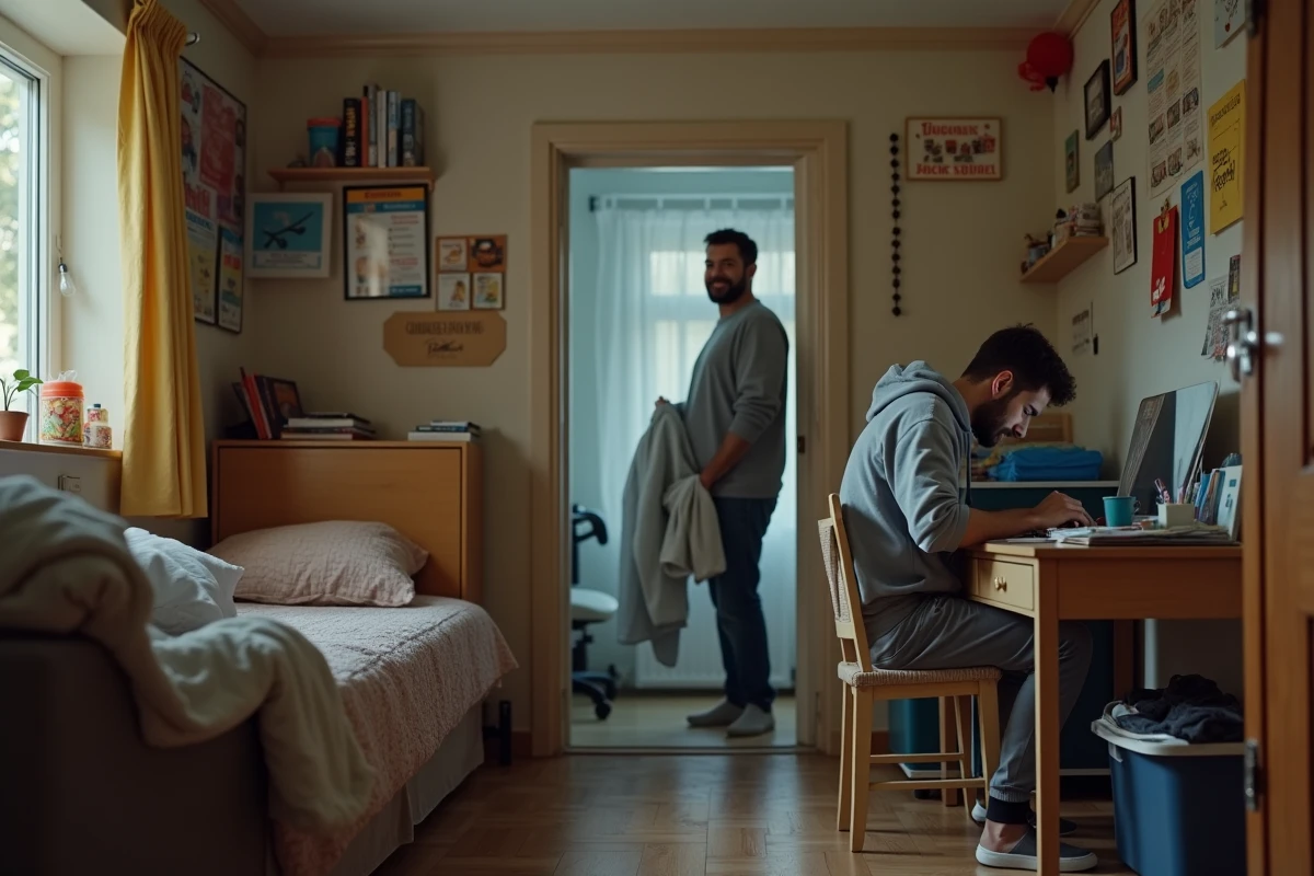 Jeune homme travaillant dans sa chambre avec son père dans l