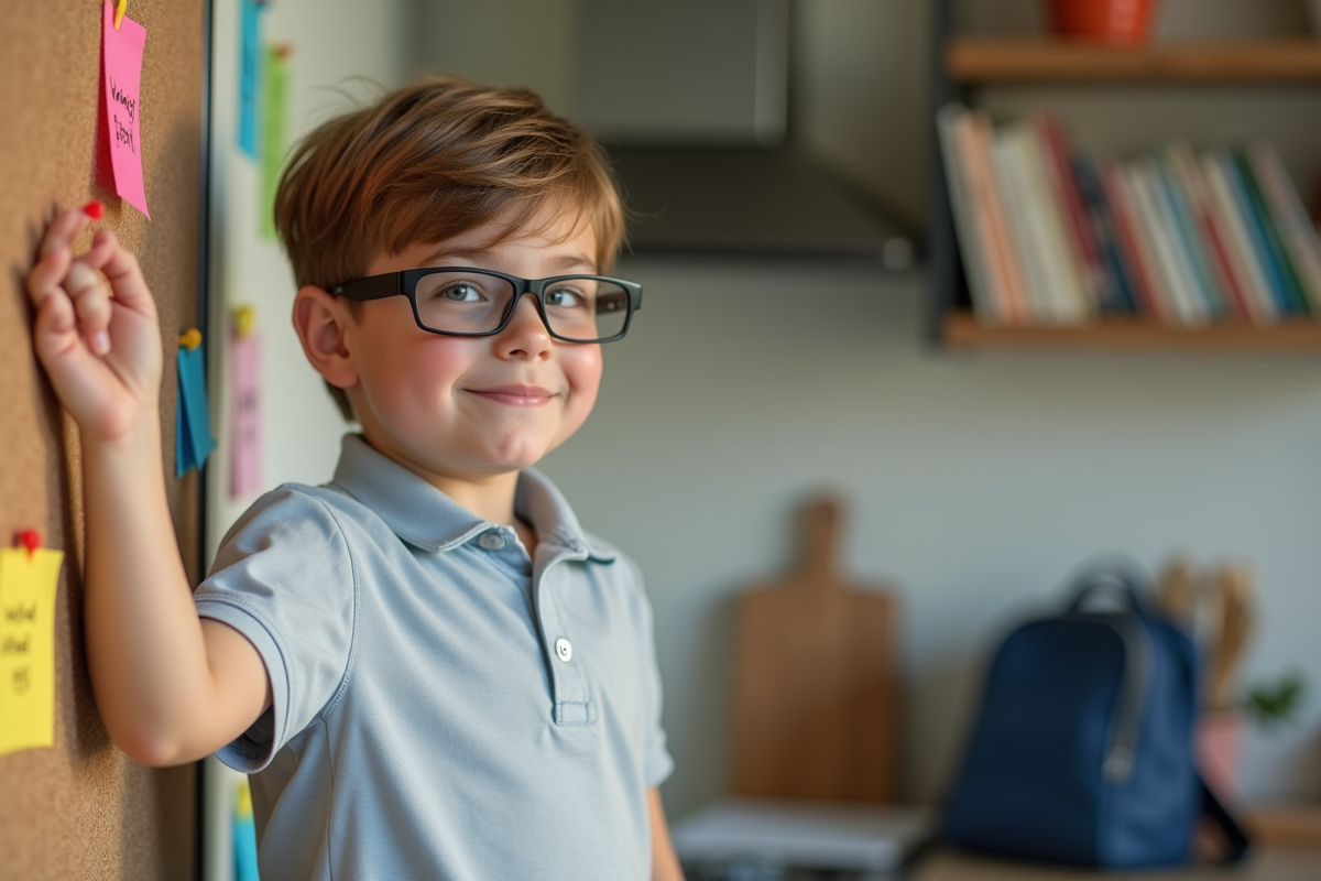 Garçon de 11 ans collant un rappel de devoirs coloré dans la cuisine