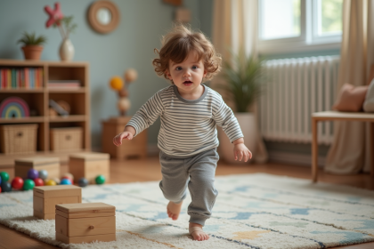 Garçon de deux ans courant dans une salle de jeux colorée