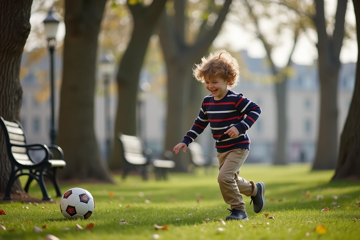 Garçon jouant au football dans un parc urbain parisien avec des arbres en arrière-plan