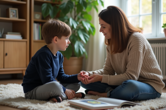 Garçon de 7 ans avec sa grand-mere dans un salon chaleureux