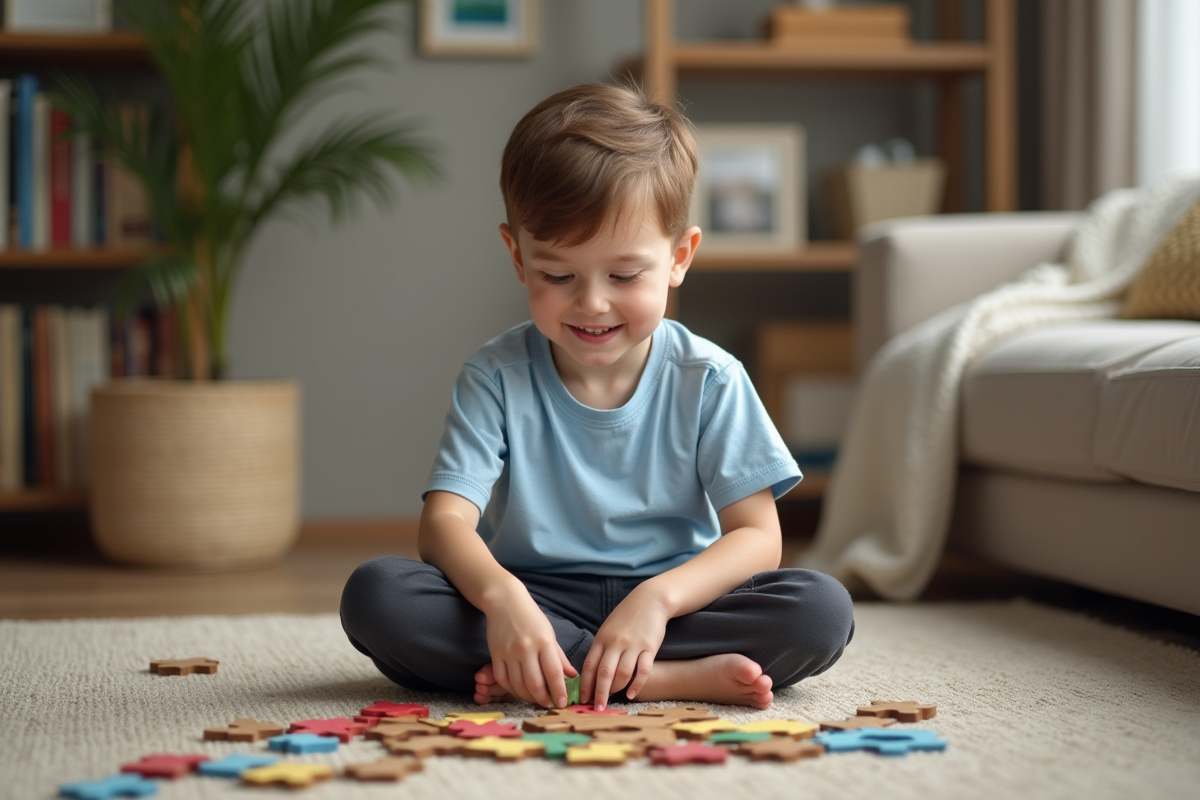 Garçon de sept ans assemble un puzzle coloré dans un salon