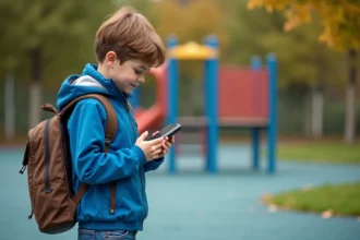 Garçon de 9 ans avec GPS attaché à son sac à dos