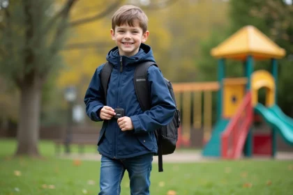 Garçon de 7 ans portant un coupe-vent bleu marine avec GPS sur son sac
