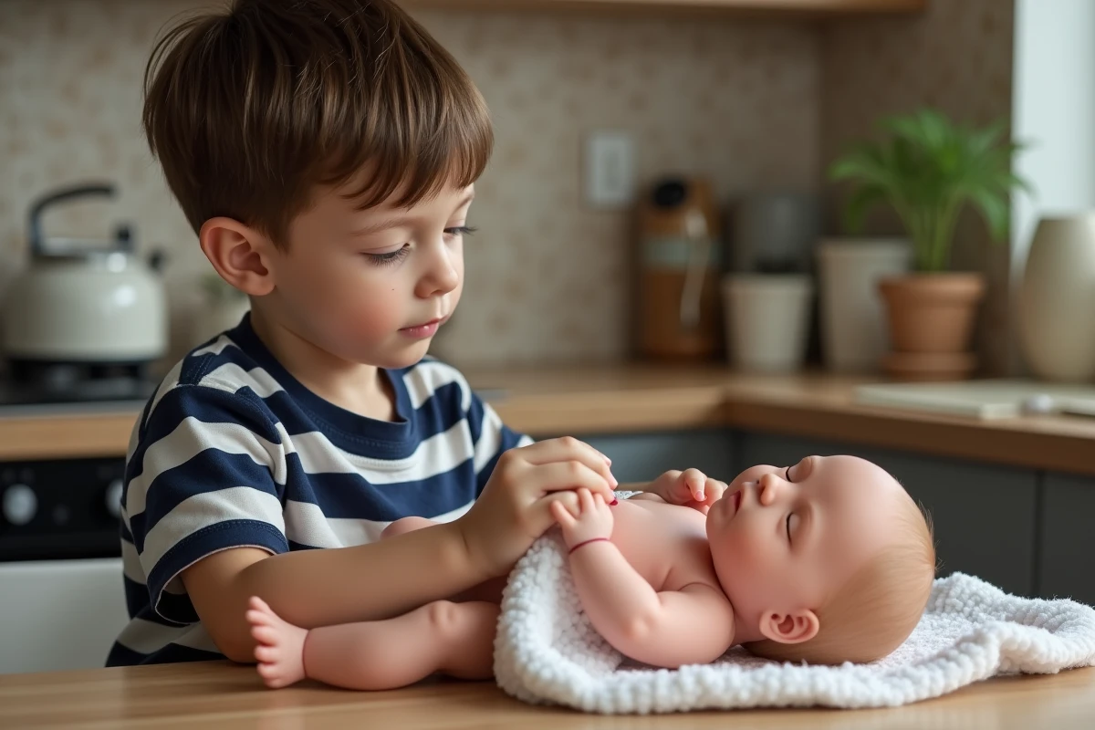 Gar&ccedil;on de 8 ans nettoyant la main d un b&eacute;b&eacute; reborn &agrave; la cuisine