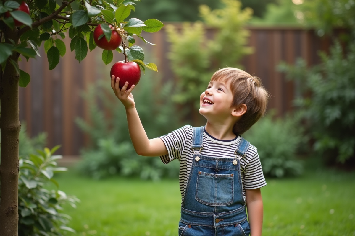 Garçon cueillant une pomme dans un jardin