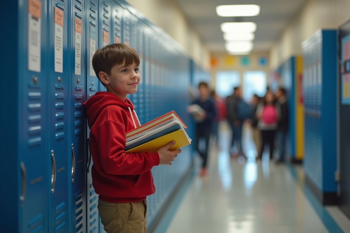 Garçon de 12 ans range ses livres dans un couloir de l
