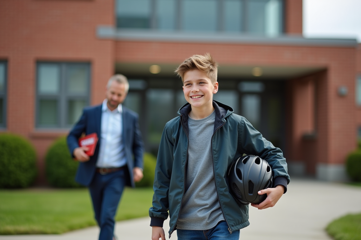Adolescent souriant avec casque de vélo devant école