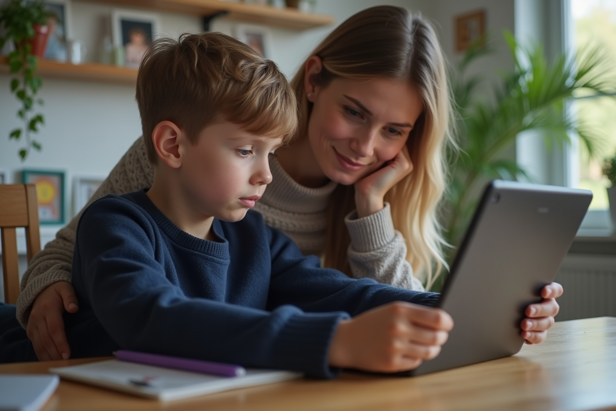 Garçon de 10 ans avec parent regardant une tablette à la maison