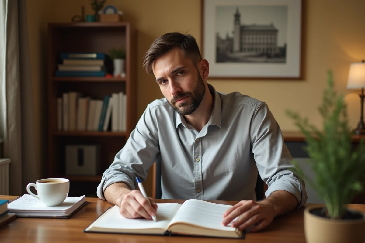 Gérant de SARL consultant le Code civil français à son bureau pour comprendre l'article 1832-2 sur les droits des conjoints
