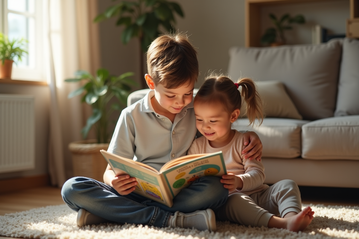 Grand frère lisant un livre à sa petite sœur dans le salon