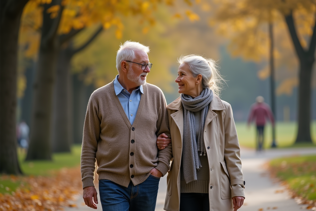 Grand-pere et fille se promènent dans un parc