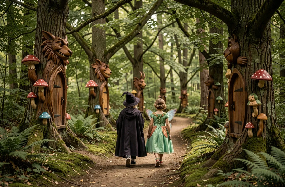 Deux enfants déguisés explorent les chemins enchantés et les sculptures de bois fantastiques du parc Grimmland à La Roque-d'Anthéron