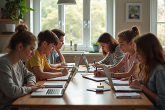 Groupe d'adolescents étudiant ensemble à une cuisine moderne