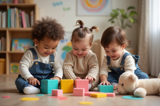 Groupe de bébés jouant avec blocs colorés dans une crèche