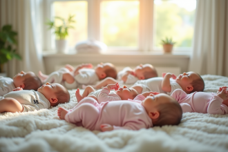 Groupe de bébés nouveau-nés dans une nurserie lumineuse