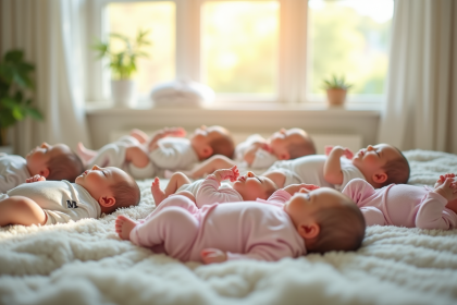 Groupe de bébés nouveau-nés dans une nurserie lumineuse