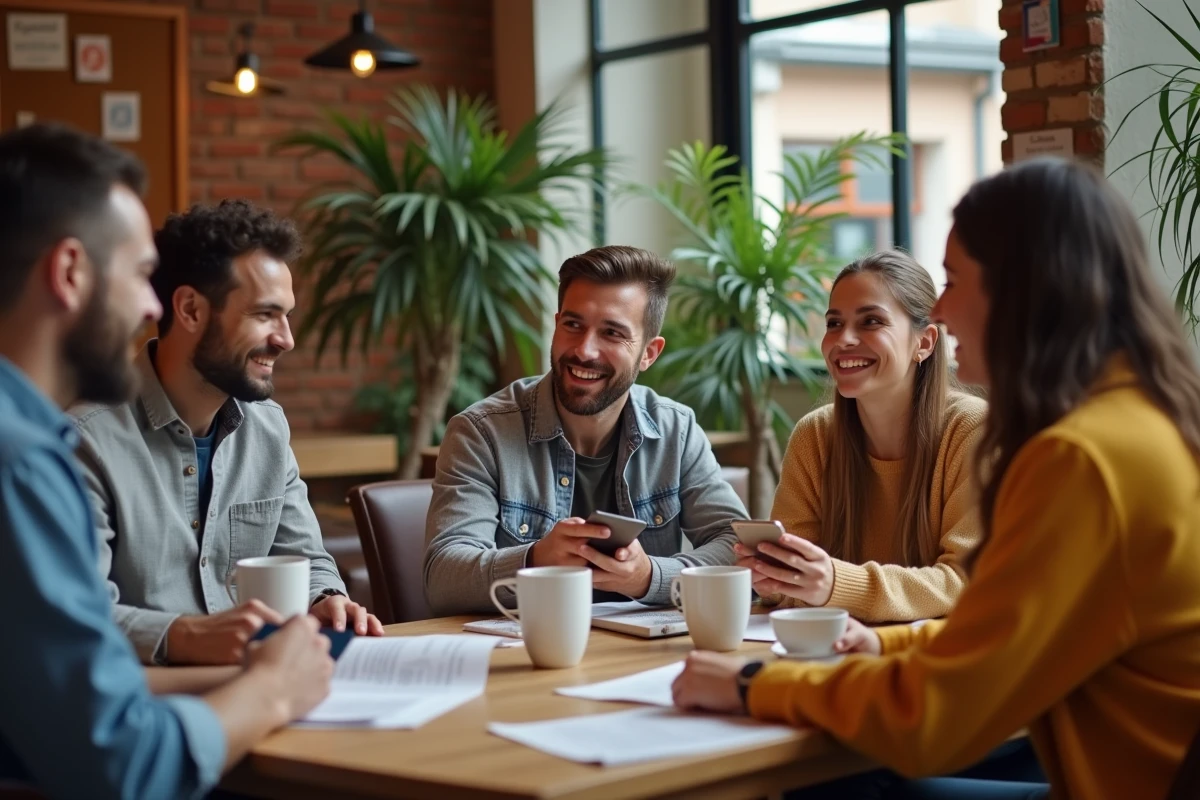 Groupe de parents discutant autour d une table de cafe partageant des astuces