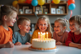 Enfants souriants autour d'un gâteau d'anniversaire dans un salon coloré
