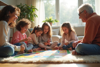 Enfants et grands-parents jouent avec des jeux Jumbo dans un salon lumineux